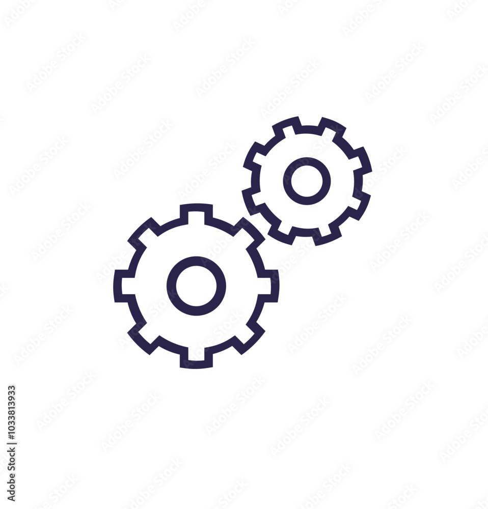 Two interlocking gears in a minimalist black and white design. Ideal for engineering, mechanical systems, automation, technology, and manufacturing themes. Simple and modern style Two interlocking gears in a minimalist black and white design. Ideal for engineering, mechanical systems, automation, technology, and manufacturing themes. Simple and modern style
