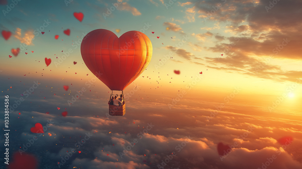 Fototapeta premium A vibrant red heart-shaped hot air balloon floating above scenic landscapes during sunrise. 