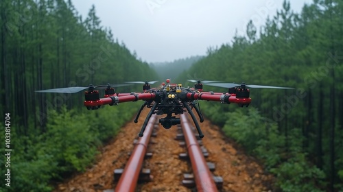 A drone is navigating over railway tracks surrounded by dense green trees in a misty atmosphere, showcasing the tranquil beauty of nature and technology.