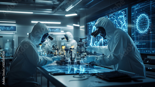 A futuristic nanotechnology lab with scientists wearing advanced suits, working with microscopes and holographic displays. 