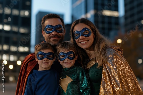 A joyful family group photo features parents and two kids in colorful superhero outfits, embodying unity, happiness, and a playful spirit in a city setting. photo