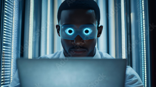 An image of an African American male engineer using a laptop in a server room, with data processing visuals overlaying the scene. The composition highlights computer interfaces and business data stora photo