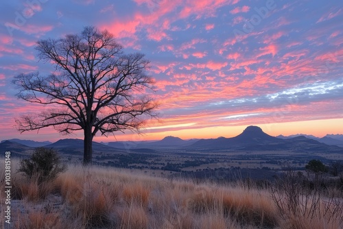 Silhouette of a Tree Against a Pink and Purple Sunset Over a Mountain Range