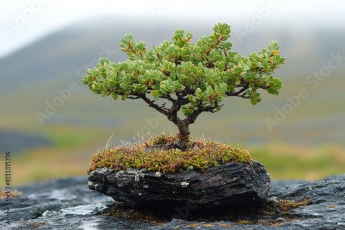 Small Tree Growing on a Rock in a Misty Landscape