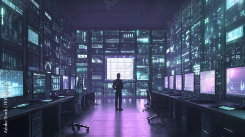 A technician in a system control data center operates multiple screens displaying neural network and data mining activities. The room is bright and filled with monitors showcasing active neural networ photo