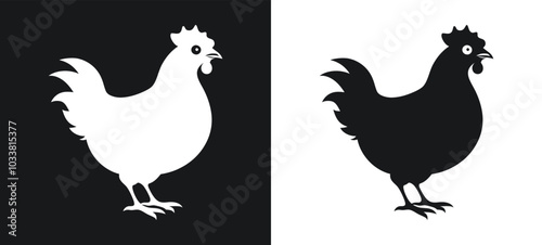 hen and rooster chicken black and white silhouette and icon vector illustration bundle