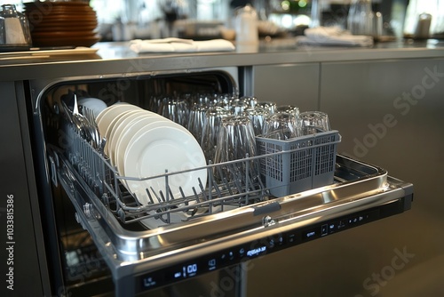 Commercial dishwasher door open with a fresh batch of cleaned dishes, gleaming and ready for immediate use in a restaurant