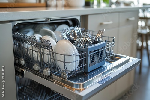 Commercial dishwasher door open with a fresh batch of cleaned dishes, gleaming and ready for immediate use in a restaurant