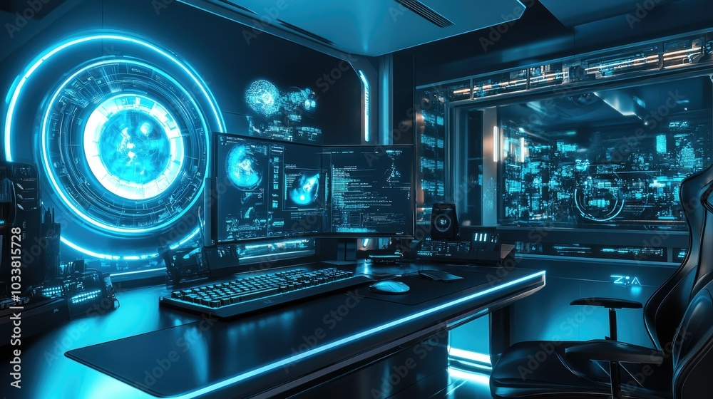 A futuristic gaming den with a glowing blue-lit keyboard, large monitor, and stylish RGB lighting reflecting off sleek desk surfaces A futuristic gaming den with a glowing blue-lit keyboard, large monitor, and stylish RGB lighting reflecting off sleek desk surfaces