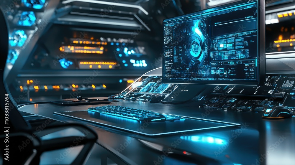 A futuristic gaming den with a glowing blue-lit keyboard, large monitor, and stylish RGB lighting reflecting off sleek desk surfaces A futuristic gaming den with a glowing blue-lit keyboard, large monitor, and stylish RGB lighting reflecting off sleek desk surfaces