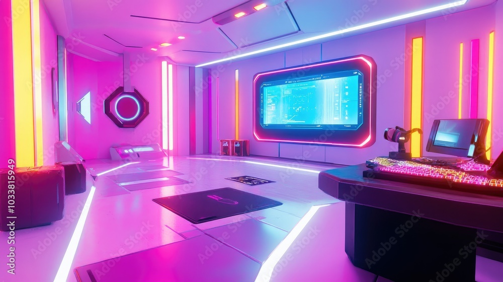 A futuristic gaming den with a massive widescreen monitor, RGB-lit peripherals, and colorful ambient lighting along the walls A futuristic gaming den with a massive widescreen monitor, RGB-lit peripherals, and colorful ambient lighting along the walls