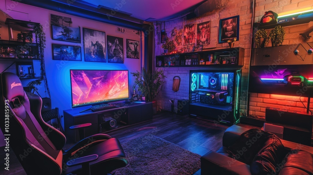 A futuristic gaming den with a massive widescreen monitor, RGB-lit peripherals, and colorful ambient lighting along the walls A futuristic gaming den with a massive widescreen monitor, RGB-lit peripherals, and colorful ambient lighting along the walls