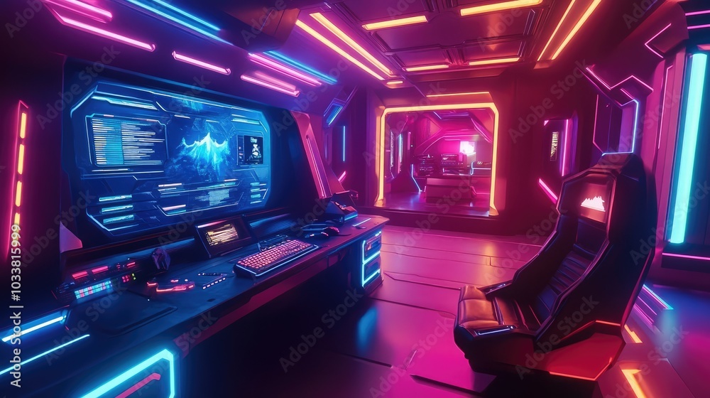 A futuristic gaming den with a massive widescreen monitor, RGB-lit peripherals, and colorful ambient lighting along the walls A futuristic gaming den with a massive widescreen monitor, RGB-lit peripherals, and colorful ambient lighting along the walls