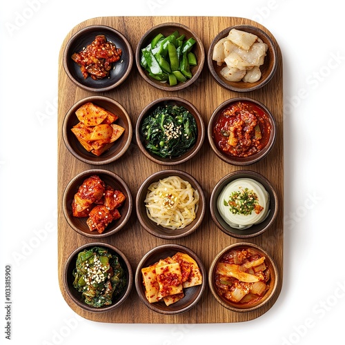 Top view of a wooden board with assorted banchan (side dishes) isolated on white background photo