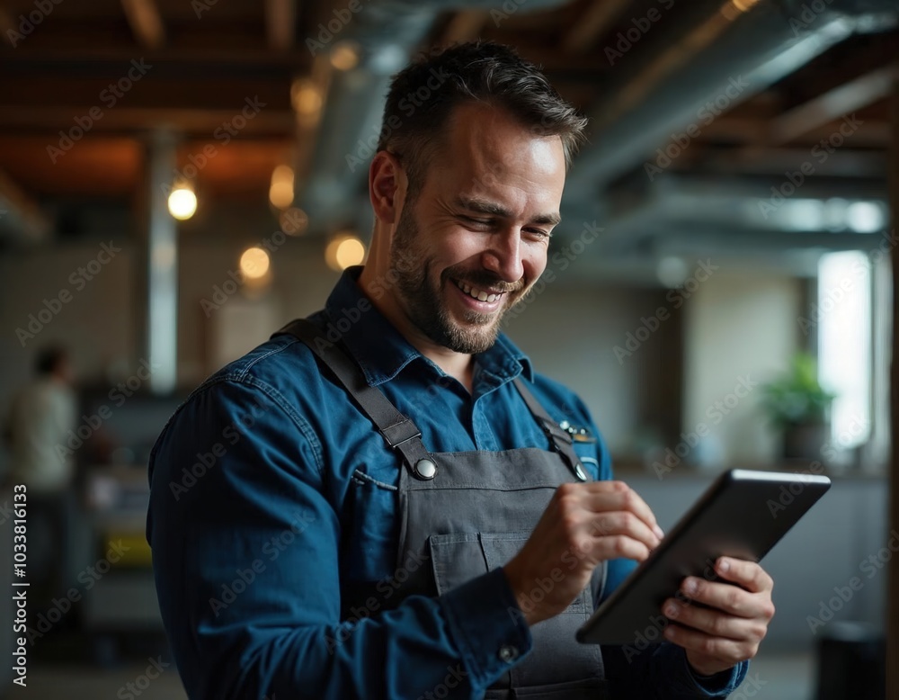 Happy homeowner plumber, HVAC technician, man using a mobile phone in a basement by water heater, burner, duct work. DIY repair or install, happy with work done, quote