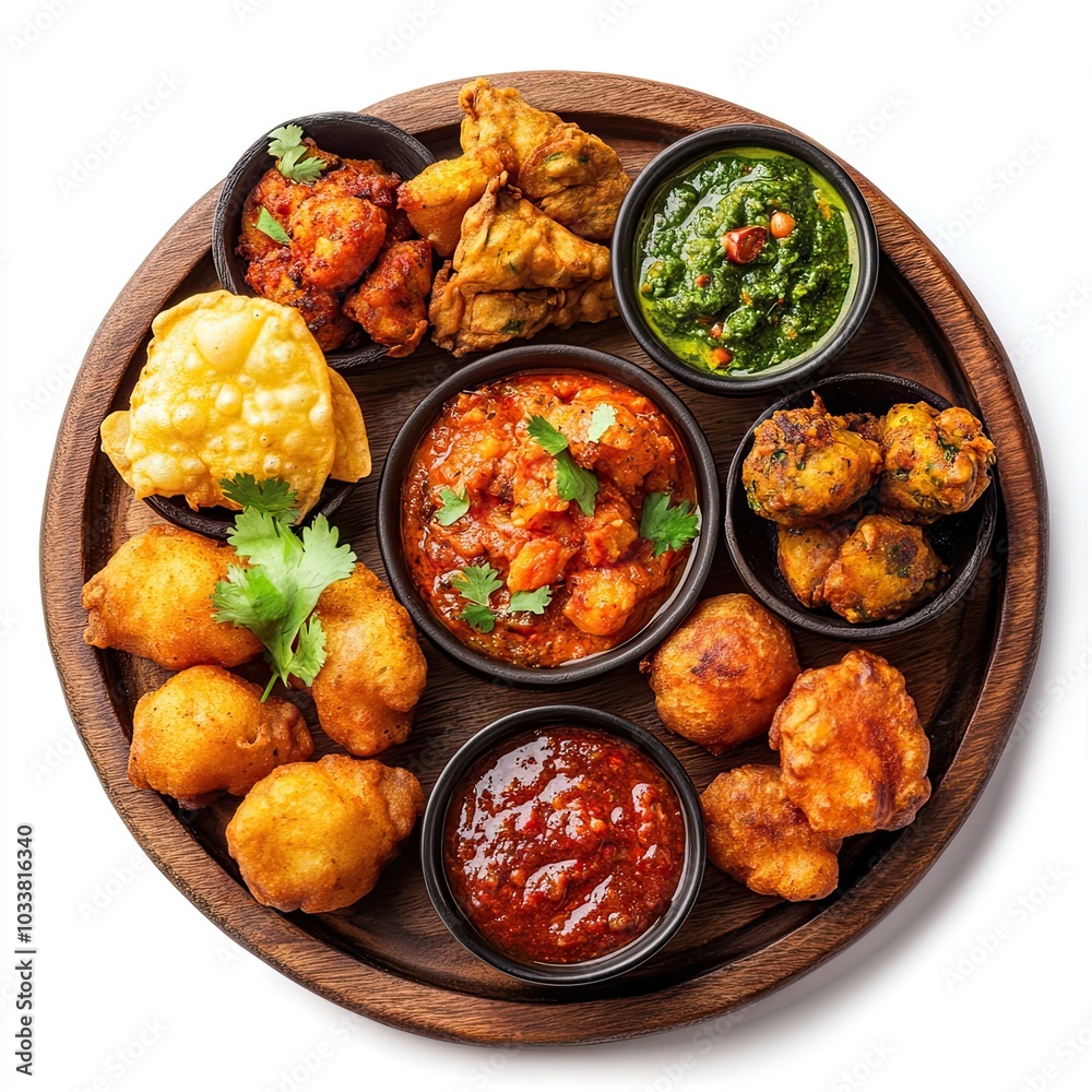 Top view of a wooden board with assorted pakoras and chutney isolated on white background