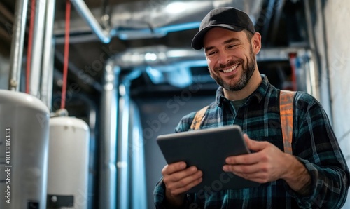 Happy homeowner plumber, HVAC technician, man using a mobile phone in a basement by water heater, burner, duct work. DIY repair or install, happy with work done, quote