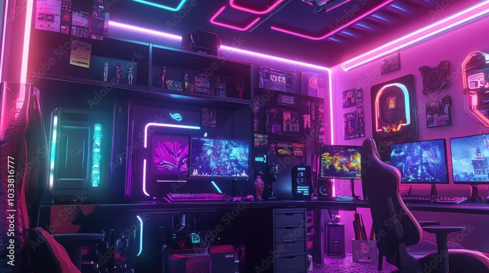 A gaming room with a powerful PC glowing from inside, multiple monitors, and neon-colored LED strips adorning the walls and ceiling A gaming room with a powerful PC glowing from inside, multiple monitors, and neon-colored LED strips adorning the walls and ceiling