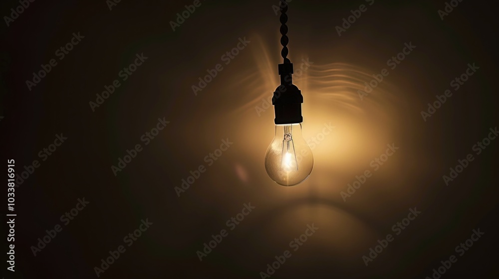 Dark empty room with single flickering light bulb casting long shadows, emphasizing absence of power and eerie atmosphere, minimalist setting with focus on light bulb's glow. Dark empty room with single flickering light bulb casting long shadows, emphasizing absence of power and eerie atmosphere, minimalist setting with focus on light bulb's glow.