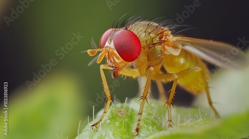 Macro view of exotic Drosophila fruit fly on plant