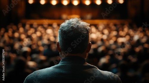 A man with light gray hair stands facing a large audience in a blurred auditorium, representing leadership, presence, and the power of public speaking. photo