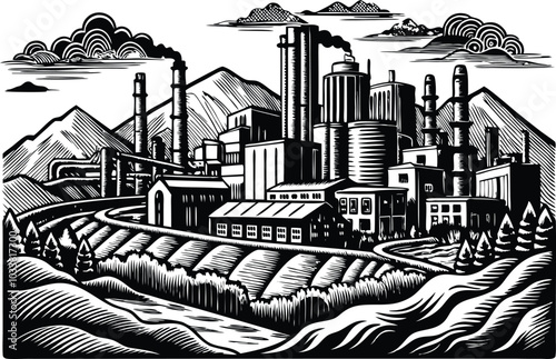 Black and White Engraving of an Industrial Landscape on White Background