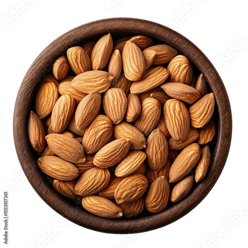 Top view of a wooden bowl filled with almonds isolated on white background