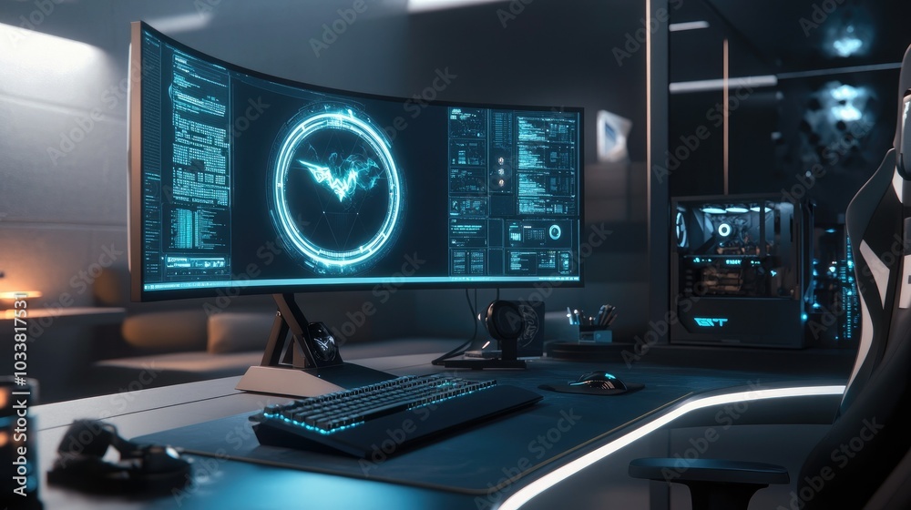 A modern gaming setup featuring a curved monitor, a glowing mechanical keyboard, and soft LED ambient lighting surrounding the desk A modern gaming setup featuring a curved monitor, a glowing mechanical keyboard, and soft LED ambient lighting surrounding the desk