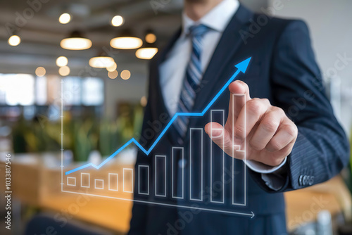 A businessman in a suit analyzes a projected growth graph in a modern office setting, symbolizing business success, financial progress, and strategic planning photo