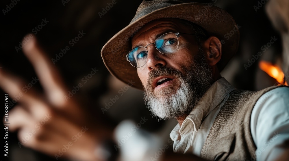 A seasoned explorer with glasses and hat, gazes intently while gesturing in the dimly lit cave, symbolizing curiosity and ancient discovery pursuit. A seasoned explorer with glasses and hat, gazes intently while gesturing in the dimly lit cave, symbolizing curiosity and ancient discovery pursuit.