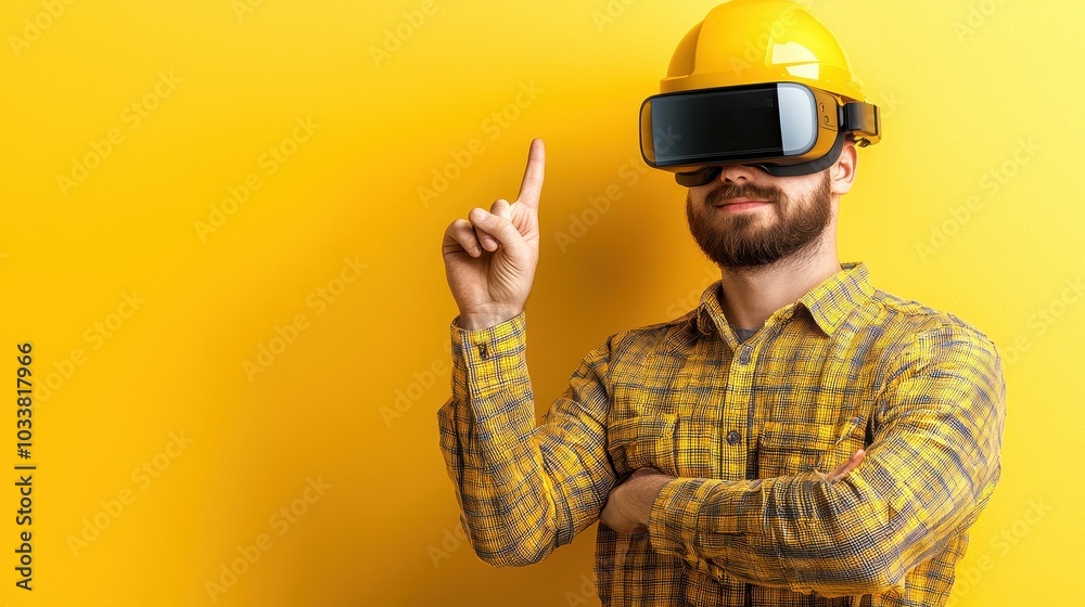Integration of augmented reality (AR) glasses for warehouse workers, Man with a virtual reality headset and a hard hat pointing upwards against a bright yellow background. Integration of augmented reality (AR) glasses for warehouse workers, Man with a virtual reality headset and a hard hat pointing upwards against a bright yellow background.