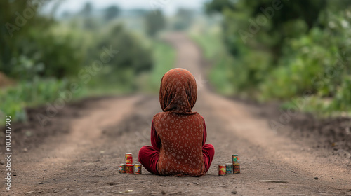 A child sitting on a dirt road, playing with makeshift toys, representing the challenges of growing up in poverty. Copy space, poverty