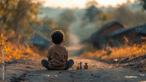 A child sitting on a dirt road, playing with makeshift toys, representing the challenges of growing up in poverty. Copy space, poverty photo