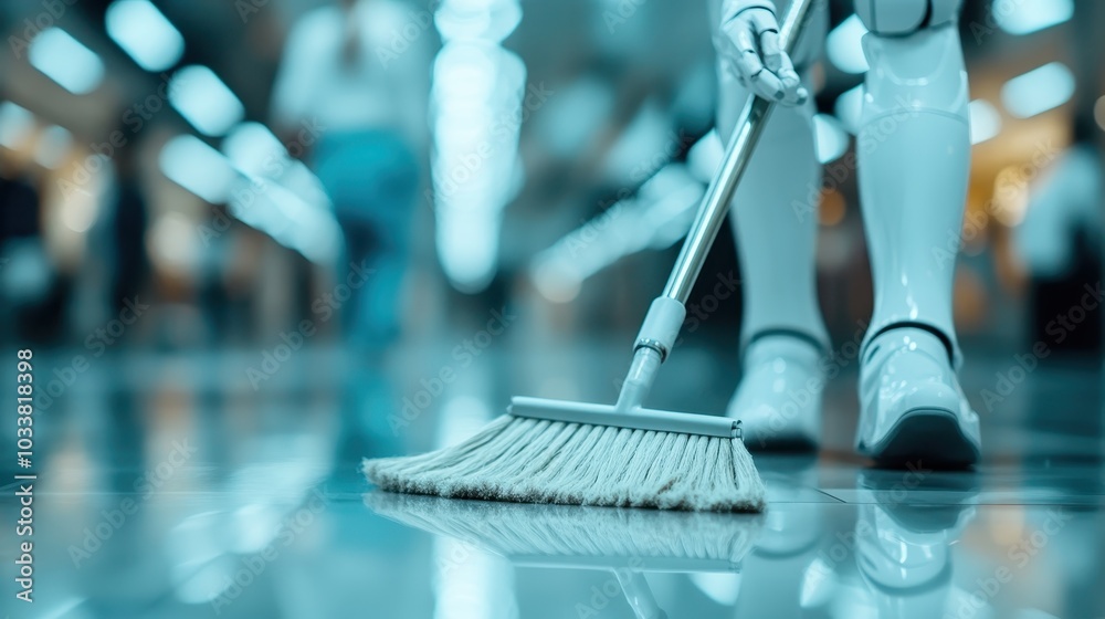 A robot is meticulously cleaning a shiny floor in a bustling indoor environment with people passing by, showcasing advanced technology in everyday life settings. A robot is meticulously cleaning a shiny floor in a bustling indoor environment with people passing by, showcasing advanced technology in everyday life settings.