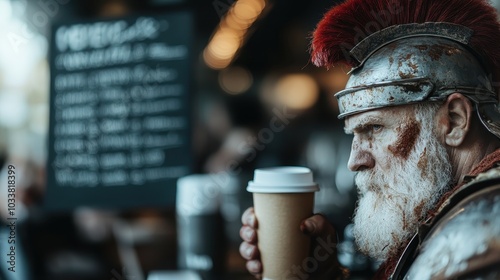 A man dressed in Roman attire enjoys a coffee in a modern cafe setting, blending historical imagery with contemporary lifestyle and beverage culture.