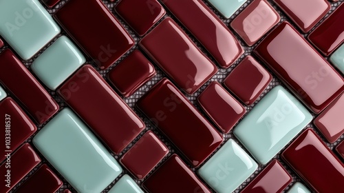 A herringbone pattern of gleaming tiles in deep red and mint. The arrangement creates an elegant and stylish look, suitable for various decorative purposes. photo