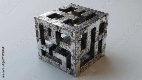 A metal cubic maze design, combining scientific symbolism with intricate patterns. The cube could represent a complex structure or challenge, often used to symbolize problem-solving, science, or advan photo