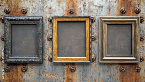 Three vintage-style empty frames in varying colors mounted on a weathered metal surface with rivets, creating a rustic and industrial aesthetic.