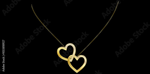 Heart Shape Pendant On Fine Chain With Black Background, Trendy Fashion Gold Plated Necklace Vector Illustration.	