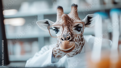 A reflective giraffe dressed in a lab coat sits behind a computer, conveying a blend of contemplation and humor in an environment dedicated to scientific investigation.