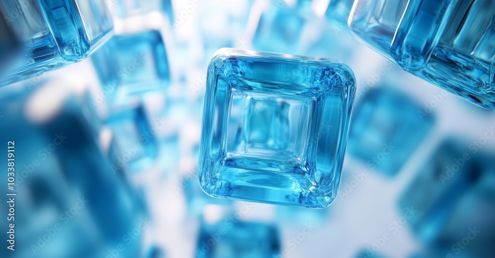 glass transparent blue cubes on light background, business background, cosmetic perfume background glass transparent blue cubes on light background, business background, cosmetic perfume background