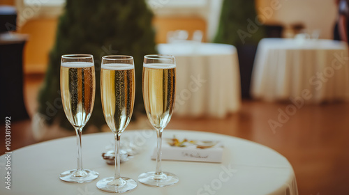 Glasses of champagne standing on a table with a white tablecloth in a room decorated for a festive corporate party.