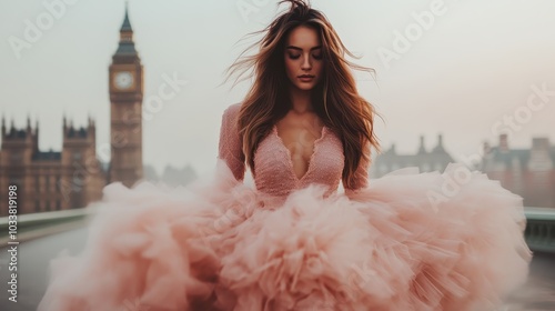 A woman elegantly poses in a luxurious pink gown on a bridge, with the iconic Big Ben tower in the background, emphasizing glamour and sophistication.