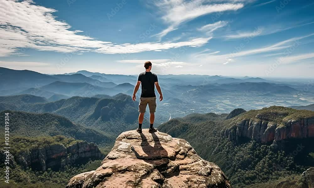 Summit Success: A solitary hiker stands on a mountain peak, capturing the spirit of adventure and achievement. Summit Success: A solitary hiker stands on a mountain peak, capturing the spirit of adventure and achievement.