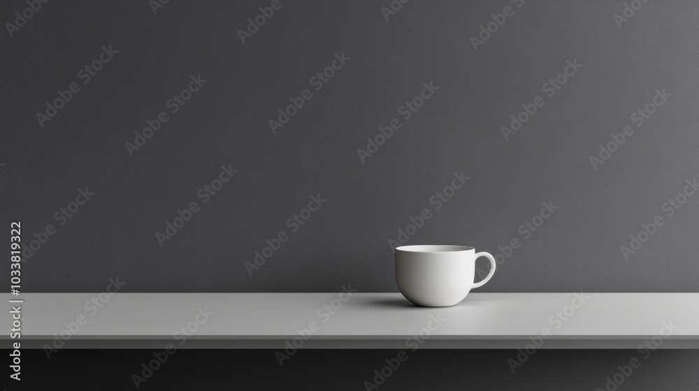 A white cup sits on a shelf in front of a wall A white cup sits on a shelf in front of a wall