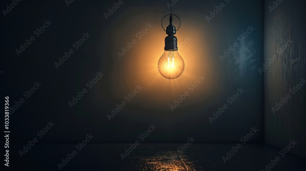 Dark empty room with single flickering light bulb casting long shadows, emphasizing absence of power and eerie atmosphere, minimalist setting with focus on light bulb's glow. Dark empty room with single flickering light bulb casting long shadows, emphasizing absence of power and eerie atmosphere, minimalist setting with focus on light bulb's glow.
