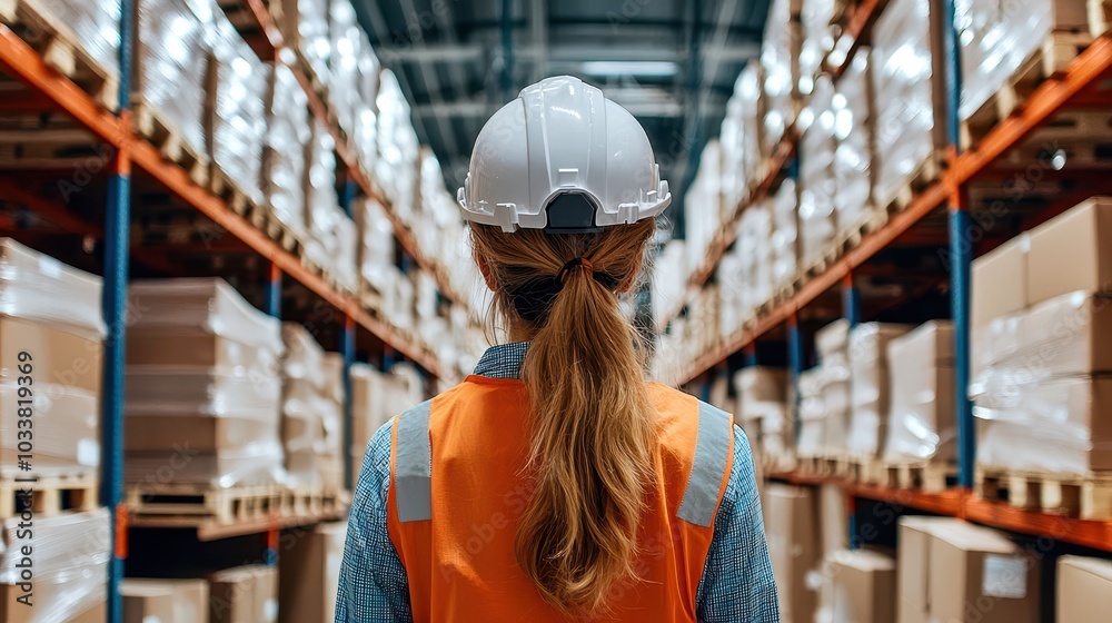 Warehouse facility, Worker observing the organized warehouse with stacks of boxes in a well-lit space. Safety measures are prominently in use. Warehouse facility, Worker observing the organized warehouse with stacks of boxes in a well-lit space. Safety measures are prominently in use.