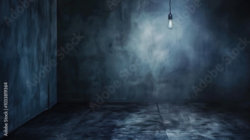 Dark empty room with single flickering light bulb casting long shadows, emphasizing absence of power and eerie atmosphere, minimalist setting with focus on light bulb's glow.