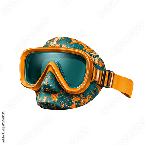 Diving mask with an orange frame and blue lenses, isolated on a white background. photo