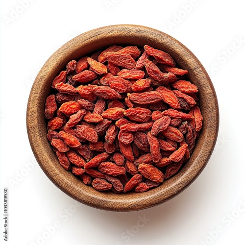 Top view of a wooden bowl filled with dried goji berries isolated on white background photo